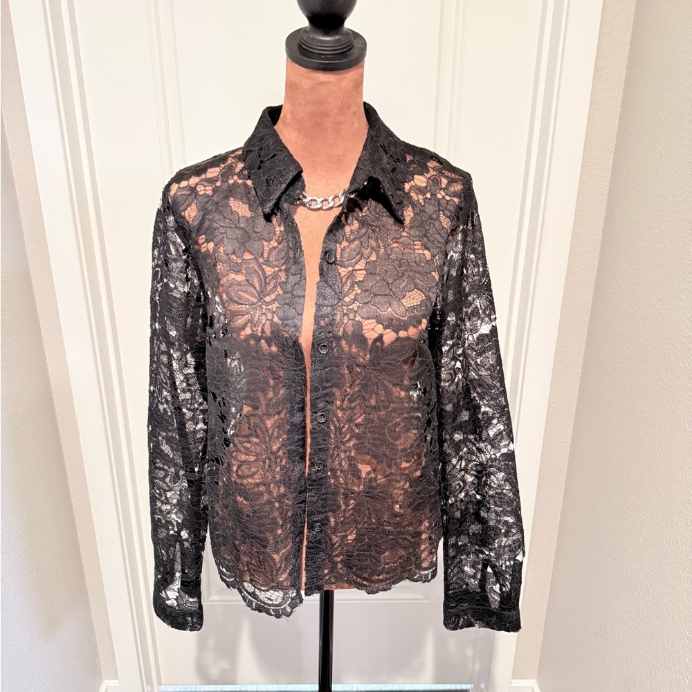 Lulu's Black Lace Button Down Shirt size M